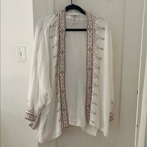 Chico's Cream Tunic with Brown Embroidered Trim